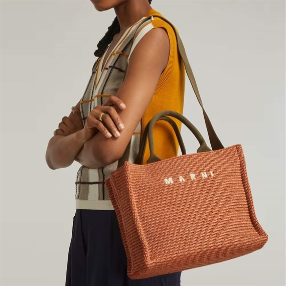 Marni Small Raffia Tote Bag, Brick/Olive 